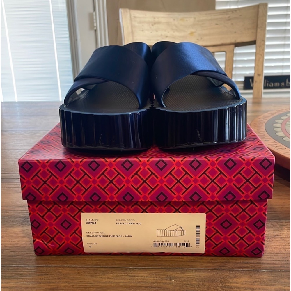 Tory Burch Satin Scalloped Wedge Slide Sandals